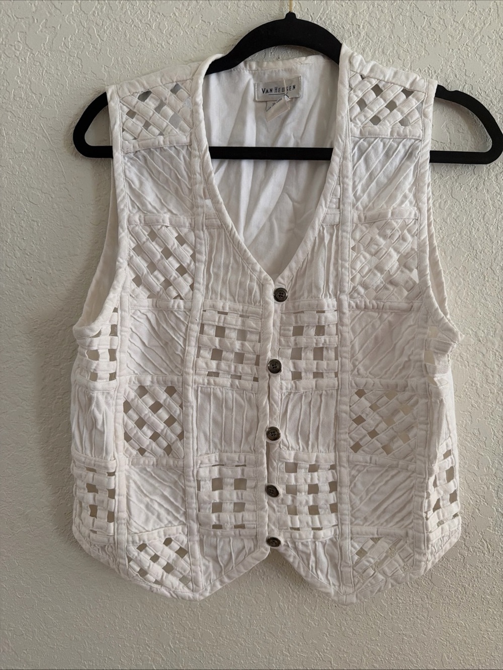 Vintage VAN HAUSEN White Woven Lattice Button-front Vest. 100 Cotton Size SMALL